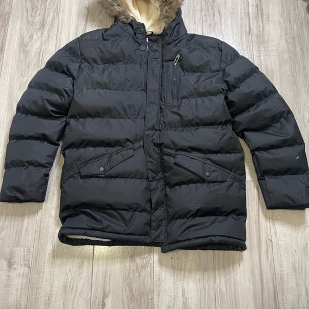 Mens Black Puffer Coat‎ Fur Hood Sherpa Lined Winter Jacket Parka